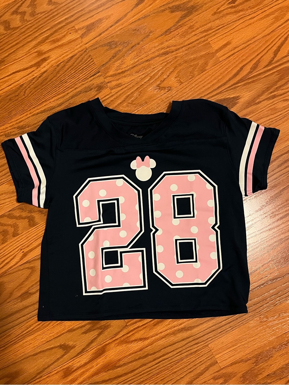 Minnie Mouse Girls Navy Short Sleeve Crop Style Jersey w Pink Polka Dot Graphic